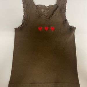 John Galt brown rank with embroidered red hearts and lace